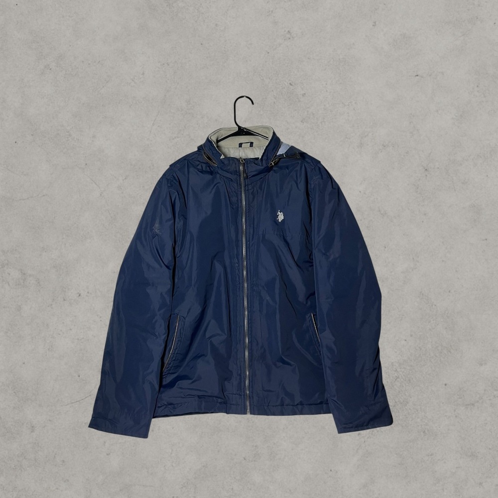 US Polo Assn Mens Windbreaker Jacket Navy Blue Full Zip Hooded Large Y2K Style